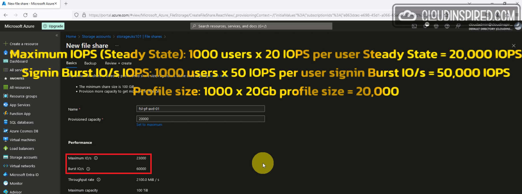 Azure file storage performance IOPS with calculations for Azure Virtual Desktop and FSLogix