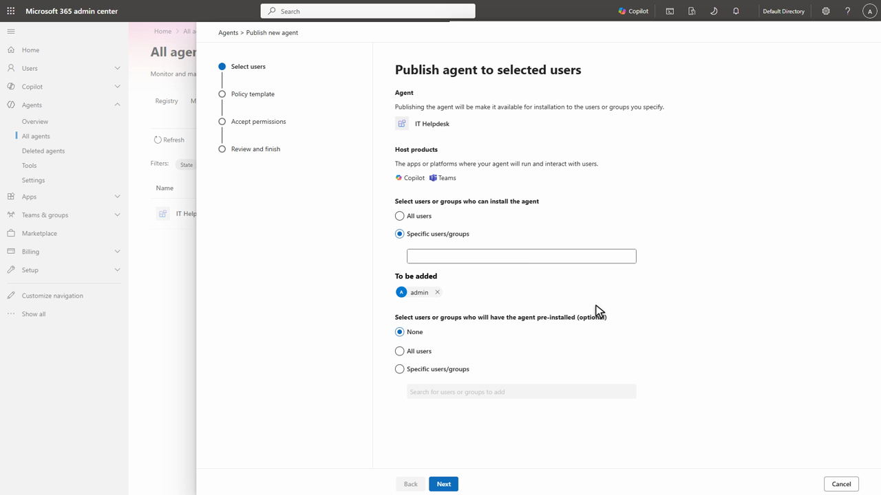 Microsoft 365 admin center: publish the agent to selected users